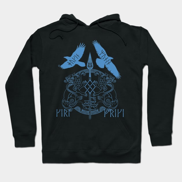 Odin Spear Viking Wolf Raven Gungnir Runes Blue Hoodie by Blue Pagan